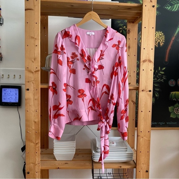 Parker Pink Red Floral Print Silk Blend Pasha Ruffle Wrap Blouse - Picture 3 of 16